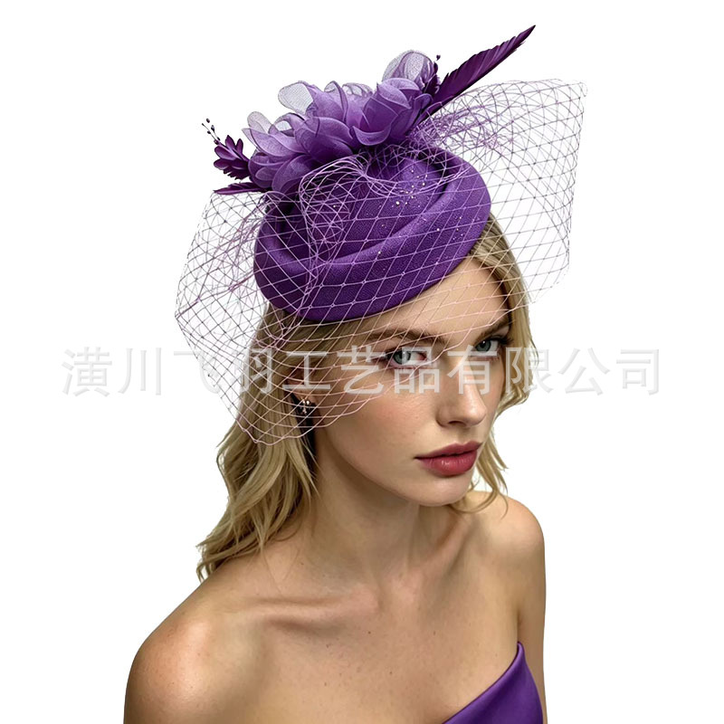 2026 New Style Mesh Fascinator Hat with Feather Headpiece for Horse Racing Festival Performance Party Vintage Veil Small Hat