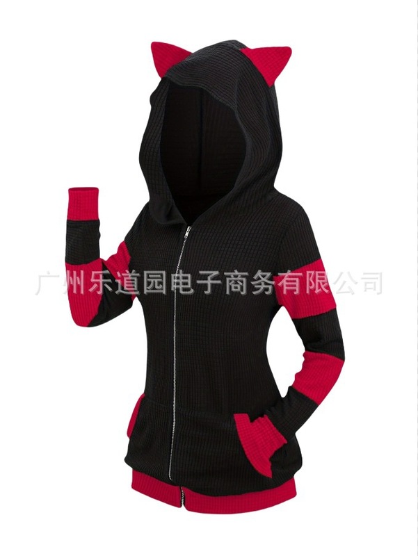 跨境欧美时尚大码女装秋冬新款加厚猫耳朵拉链拼色连帽卫衣外套|undefined