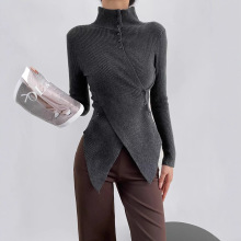 设计感小众不规则交叉开叉半高领毛衣女秋季打底系扣针织上衣内搭
