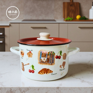 Simple Enamel Double-Handle Straight Pot for Home Use, High Aesthetic Value, High Temperature Resistant Soup Pot with Lid for Instant Noodles, Gas Stove Compatible