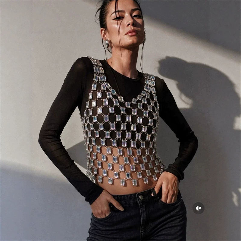 New European and American cross-border nightclub sexy street style square-shaped large gemstone chain spliced women's top vest