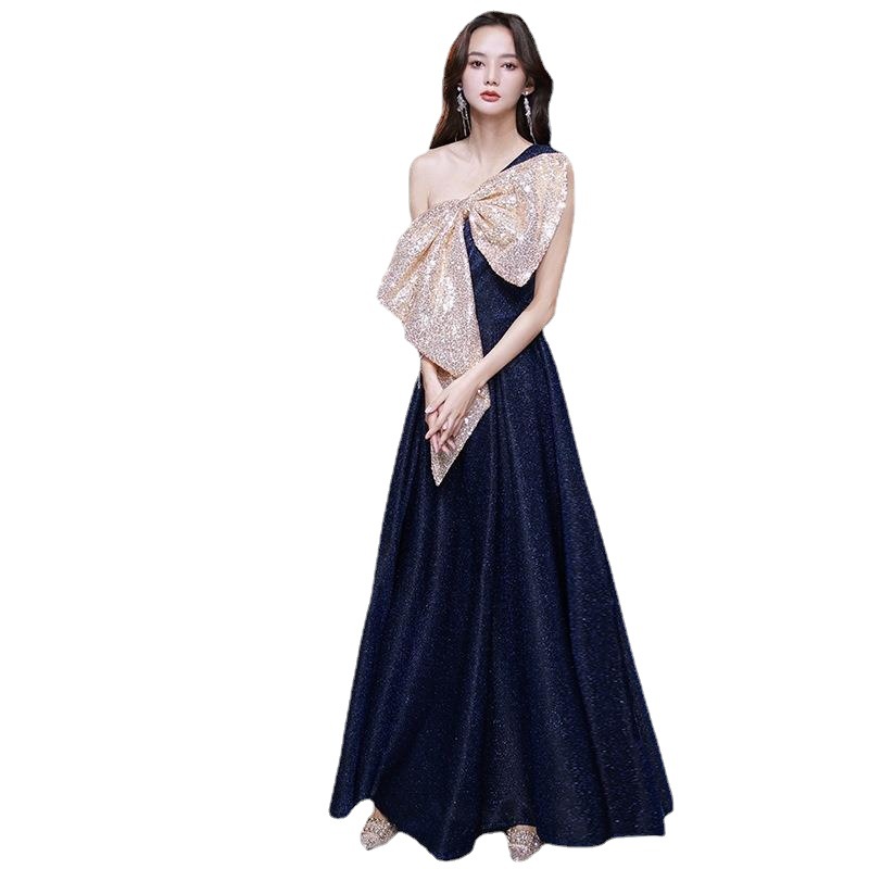 Vestido de noche azul marino para mujer 2025, nuevo, sexy, con lazo, para banquete, elegante, para anfitriona, reunión anual