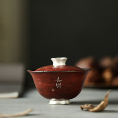 晴さん故宮紅銀喜楽二才蓋碗景徳鎮手作り陶作工夫茶道具茶碗140ml