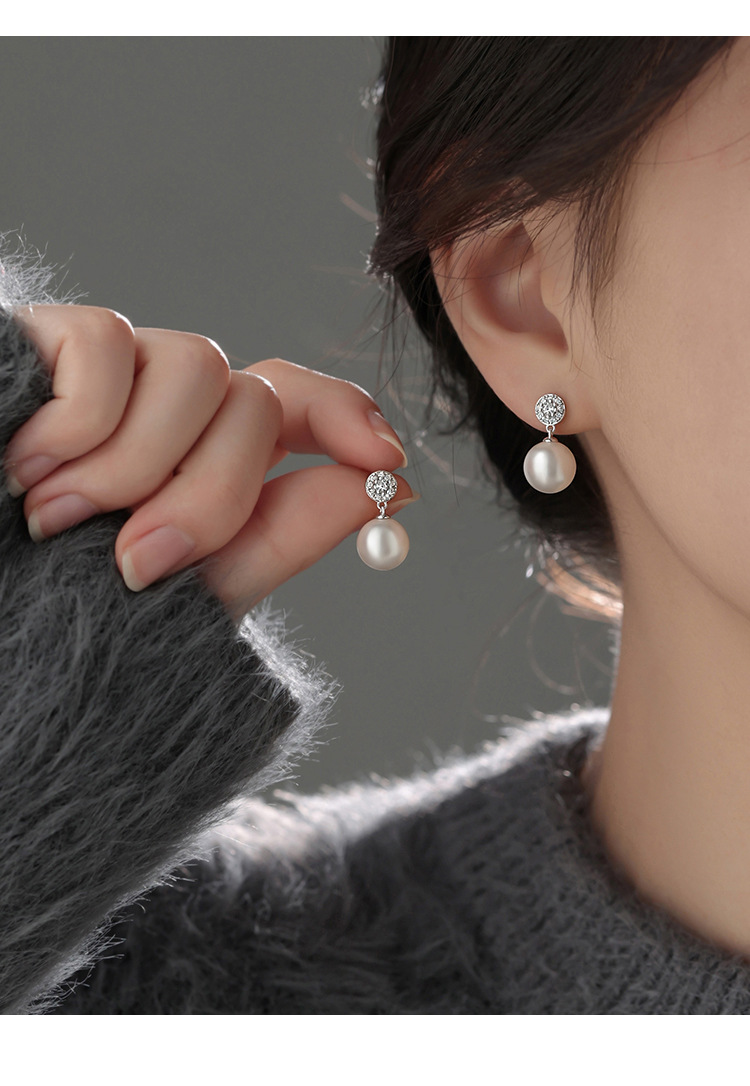 8g Weight 1 Pair 925 Sterling Silver Pearl Zircon Geometric Drop Earrings