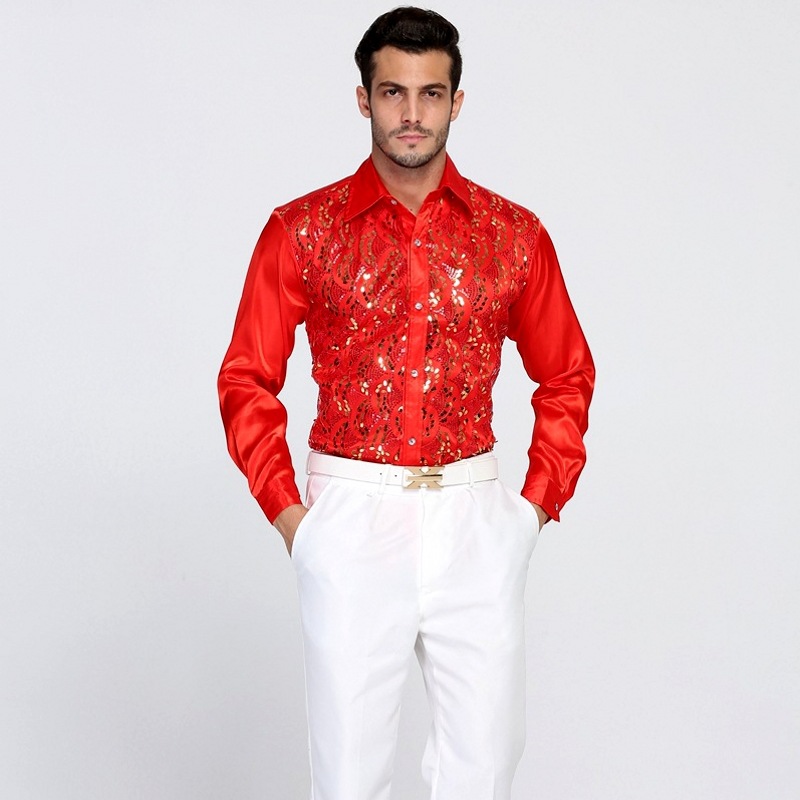 Comercio exterior transfronterizo Camisa de lentejuelas de los hombres traje de rendimiento coro adulto traje de escenario danza rendimiento camisa de manga larga