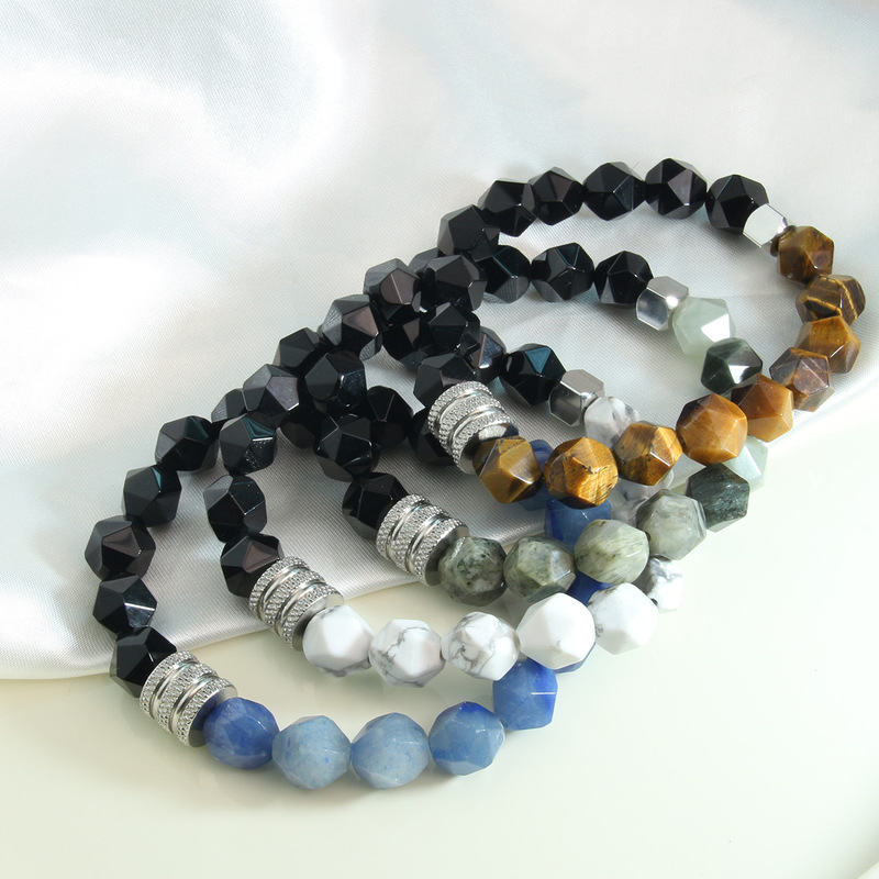 Simple retro cut natural stone beaded bracelet obsidian Tiger Eye stone turquoise stainless steel men and women couple style