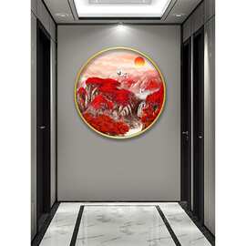 鸿运当头玄关装饰画新中式圆形沙发背景墙壁画办公室山水中式挂画