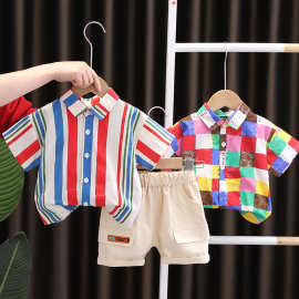 2023夏季韩范男童衬衣套装宝宝条纹上衣短裤两件套中小童装批发