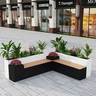 Outdoor Wrought Iron Stool Flower Box Shopping Mall Flower Pond Outdoor Flower Trough Chair Combination Flower Bed Rectangular Long Planting Box