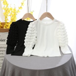 Children's Clothing Autumn Style Girls 2023 Long-Sleeved Tops Puff Sleeves Round Neck Base Shirt Solid Color T-Shirt European and American Style Children's Clothing