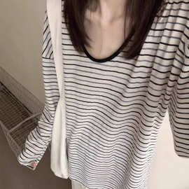 韩版oversize休闲条纹长袖T恤女2026春秋新款松弛慵懒宽松上衣潮