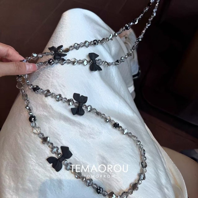 韩系黑色蝴蝶结串珠手机链高颜值ins风手机链可斜跨长款气质挂饰|undefined