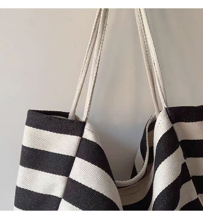 Contrast Stripe Canvas Tote Bag, Large Capacity Shoulder Bag_voghion.com