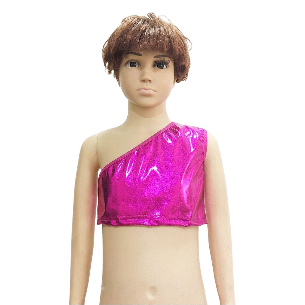 Desfiles para niñas cabestrillo único fuera del hombro oblicuo hombro fuera del ombligo chaleco brillante ropa de rendimiento superior de rendimiento elástico
