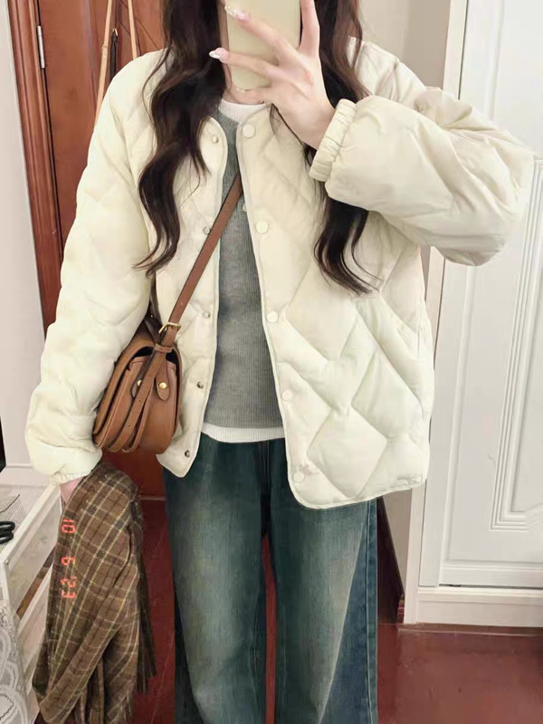 2025 Autumn and Winter Short Diamond Round Collarless Lightweight down Jacket Women's Liner White Duck down Fashion Casual Jacket
