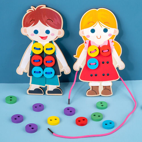 Children's wooden lacing clothes with buttons for kindergartens, baby hand-eye coordination developmental early education toy, wholesale