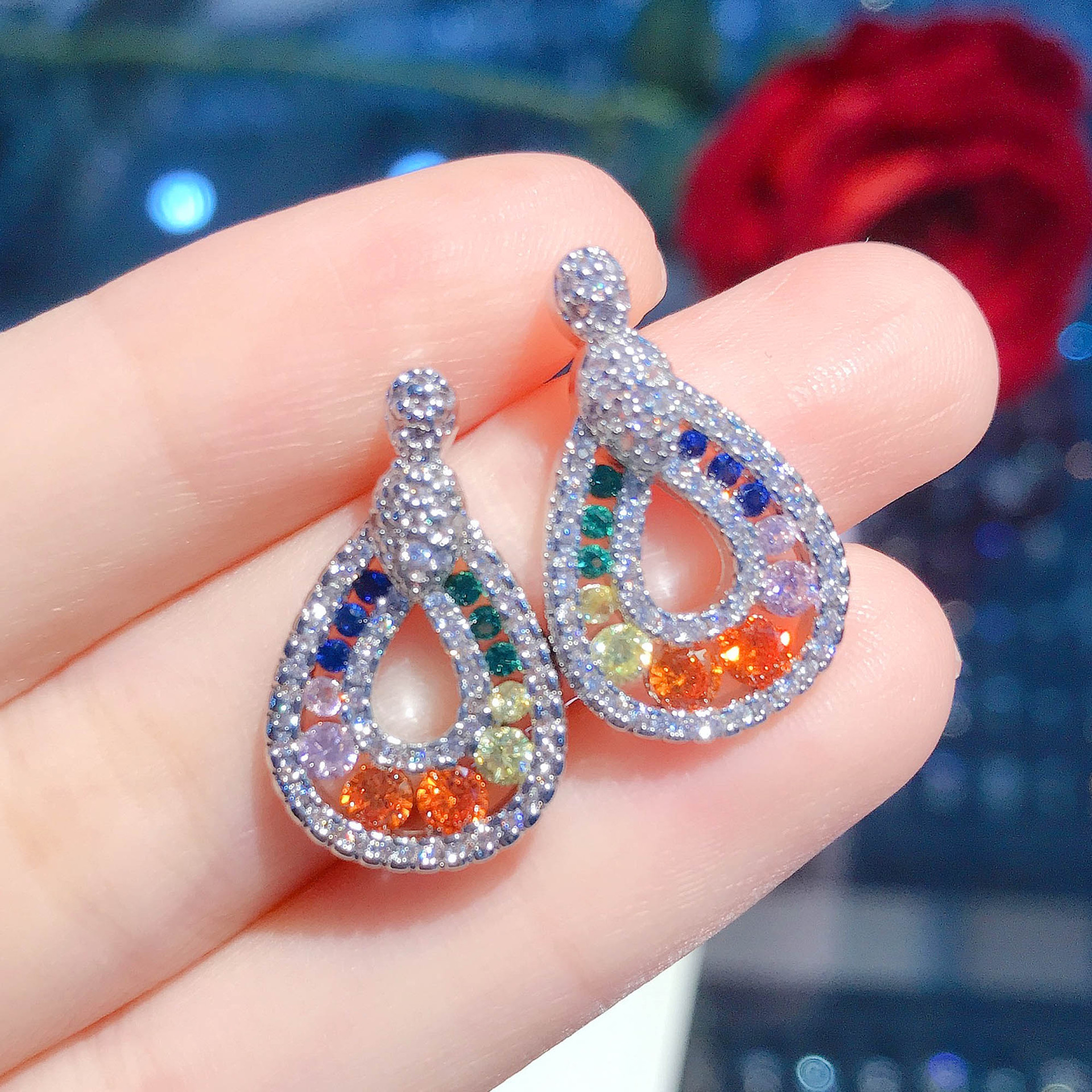 New Colorful Simulation Tourmaline Earrings Design Full Of Diamond Droplets Pear-shaped Rainbow Color Earrings display picture 2