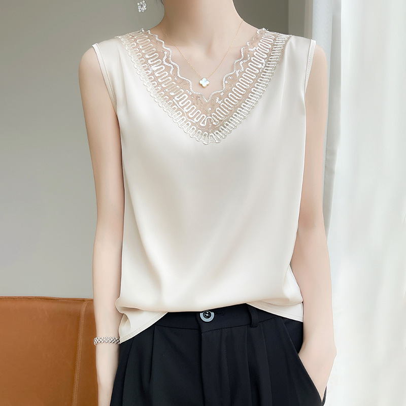 Silk Satin 2026 Spring/Summer New Women's V-Neck Sleeveless Tank Top T-Shirt with Mesh Patchwork Loose Camisole