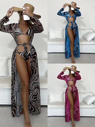  European and American new style striped lace-up long skirt mesh three-piece bikini bikini cross-border AliExpress
