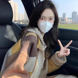 特大码300斤胖mm复古撞色毛衣外套秋冬慵懒宽松中长款针织开衫女