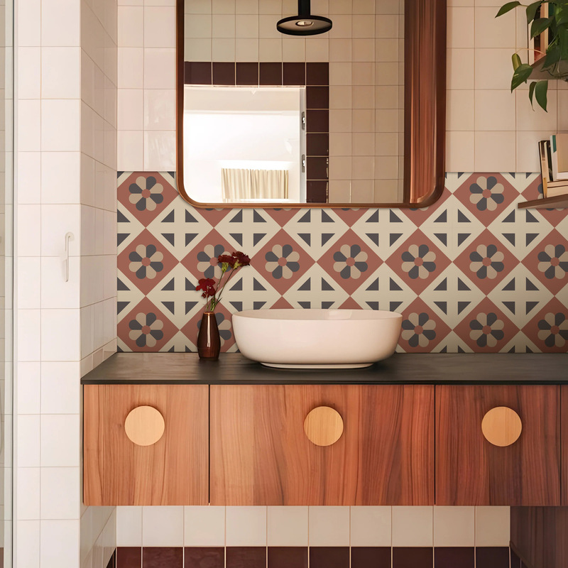 Retro Brown and Red Kitchen and Bathroom Renovation DIY Oil-Proof Self-Adhesive Waterproof Thickeneded Removable Imitation Tile Stickers