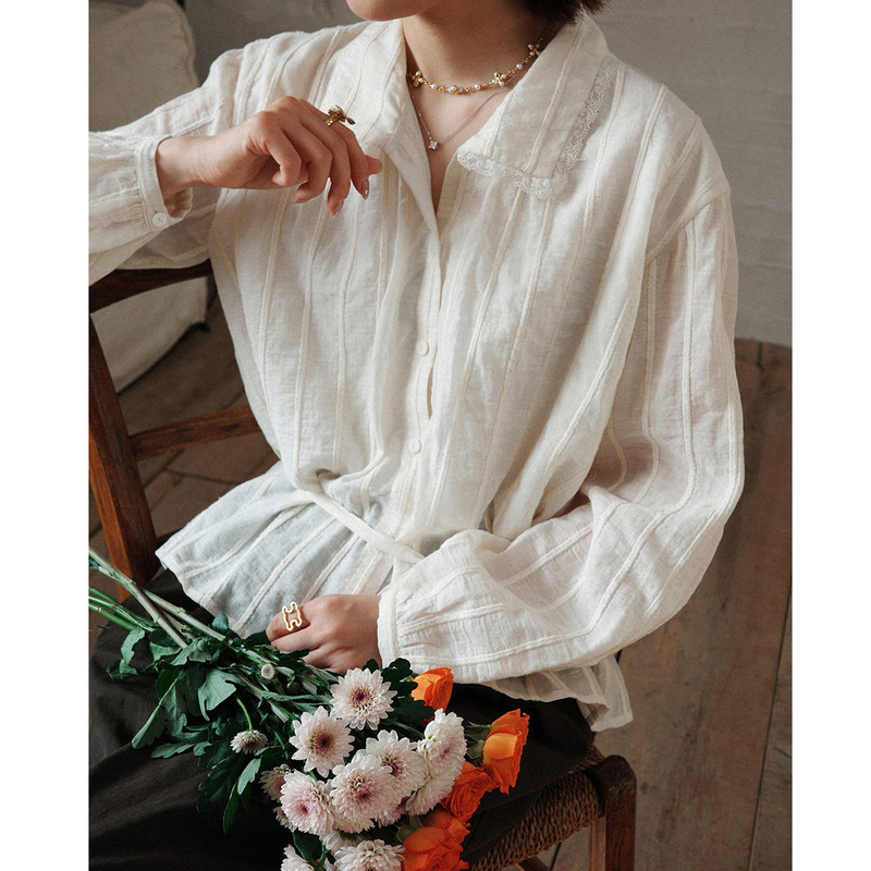White Drawing Workshop "Angelia" 26Ss Early Spring New Striped Jacquard Adjustable Waist French-Style Shirt for Women