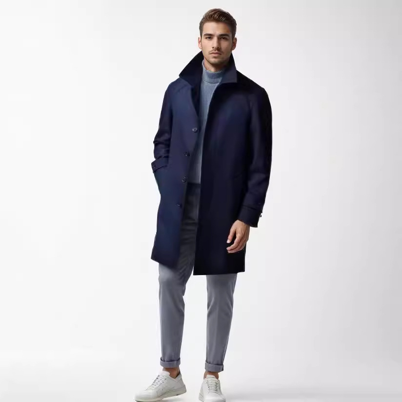 Casaco masculino de lã raglan de outono e inverno, lapela da moda, comprimento médio, cinto na cintura, casaco casual para deslocamento_voghion.com