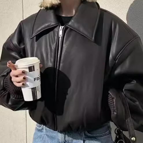 pu leather bread cotton-padded jacket motorcycle jacket women's 2024 autumn and winter new European and American hot girl loose lapel leather jacket