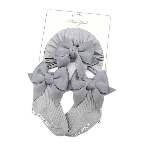 New spring and autumn solid color swallowtail European and American baby socks bow princess cute baby socks hat set