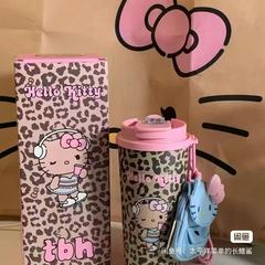 现货新款双饮野兽派咖啡杯豹纹车载大容量吸管473ml不锈钢随手保