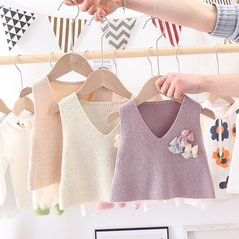 2021春款童装儿童毛衣 可爱小童小背心V领外穿短款女宝宝针织马甲|ms