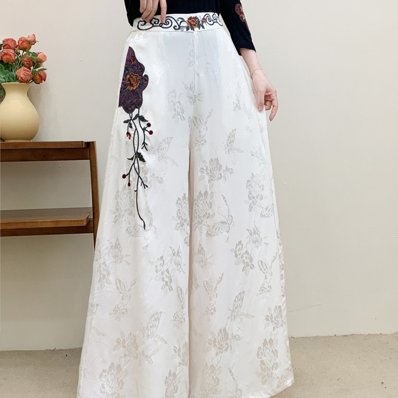 Autumn 2024 loose plus size national style jacquard cropped pants satin embroidered national style wide leg pants Autumn 2024 loose plus size national style jacquard cropped pants satin embroidered national style wide leg pants