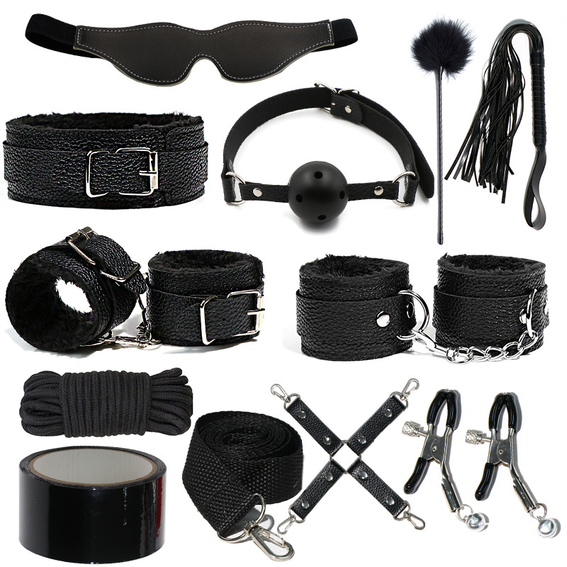 Juego de accesorios Jiuai SM incluido con esposas, látigo de cuero, tapón anal, suministros divertidos para habitaciones de parejas adultas, herramientas de juego sexual