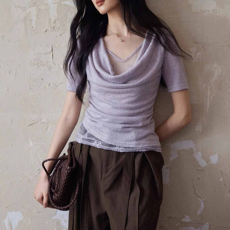 Er Yang [Ting Lan] フェイクツーピーススイングカラーレースニット半袖トップ女性用パープル気質ウエストTシャツ|undefined