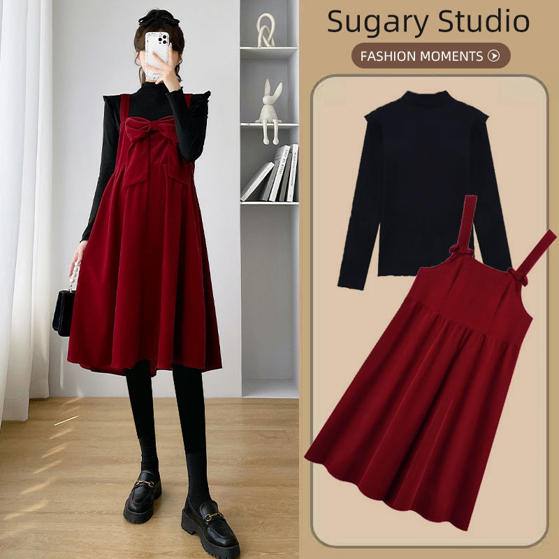 孕妇装春秋套装新款时尚洋气时髦过年红背带裙孕妇连衣裙子两件套