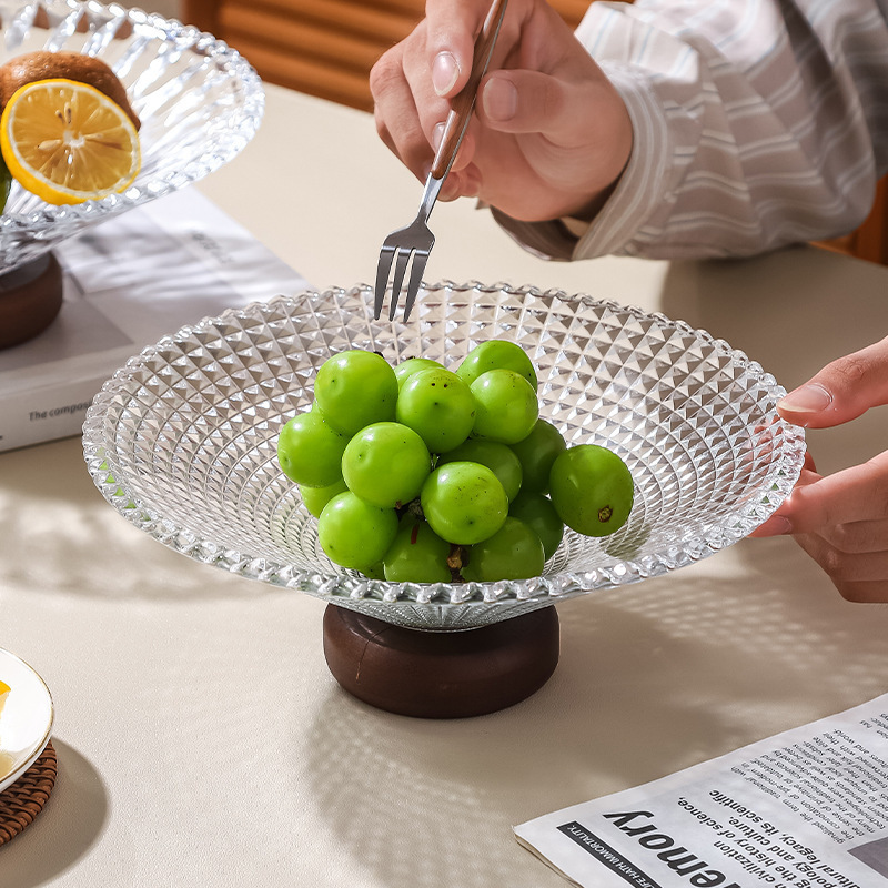 無垢材ベースのフルーツプレート、リビングルーム、家庭用ハイエンドガラスフルーツプレート、フロントデスクキャンディスナックディスプレイプレート、ハイフットホルダー|undefined