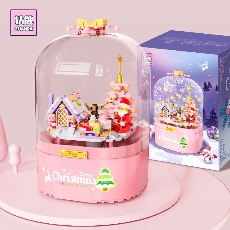 Compatible con la nieve flotante árbol de Navidad alta caja de música giratoria ensamblaje bloques de construcción juguetes para niños y niñas regalos de Navidad