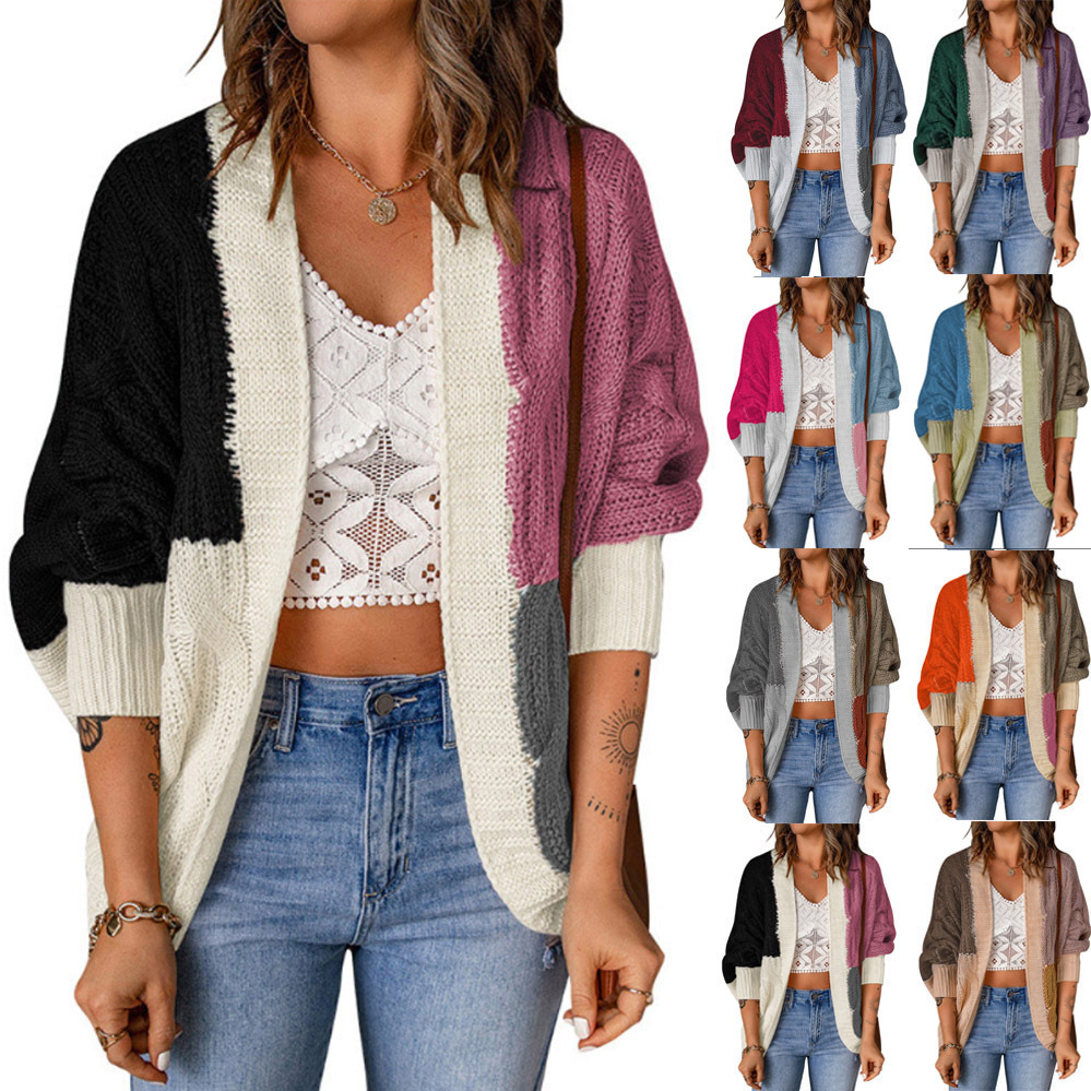 Europe and America 2024 Cross border Women's wear Hit color Shawl 2022 Amazon Autumn and winter new pattern Color matching knitting Cardigan sweater