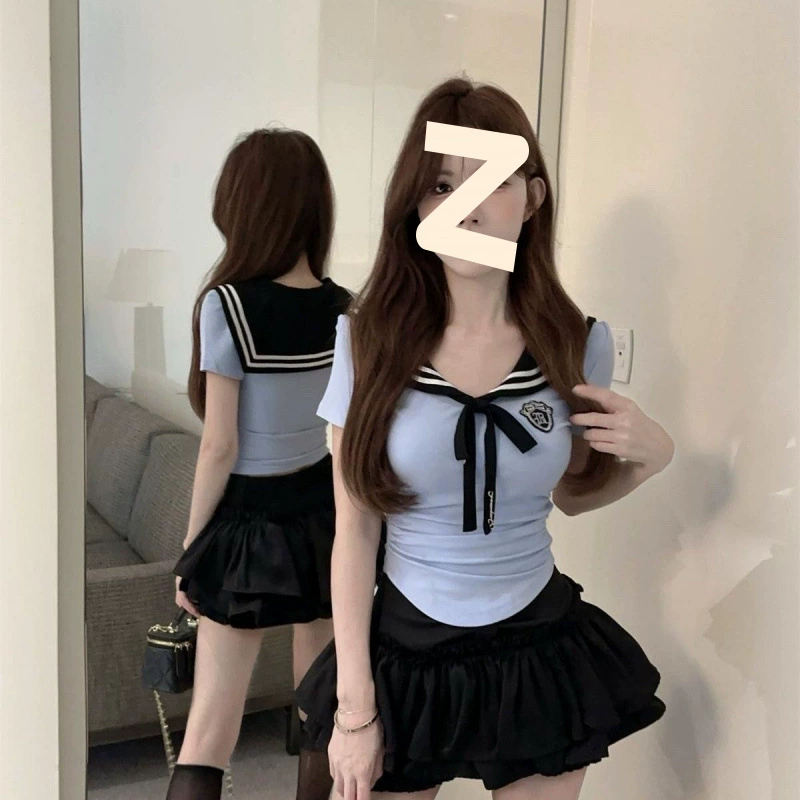 Милый и пряный костюм JK, синий топ с темно-синим воротником, уменьшающий возраст, юбка-тортик, комплект из двух предметов в стиле преппи, уменьшающий возраст.
