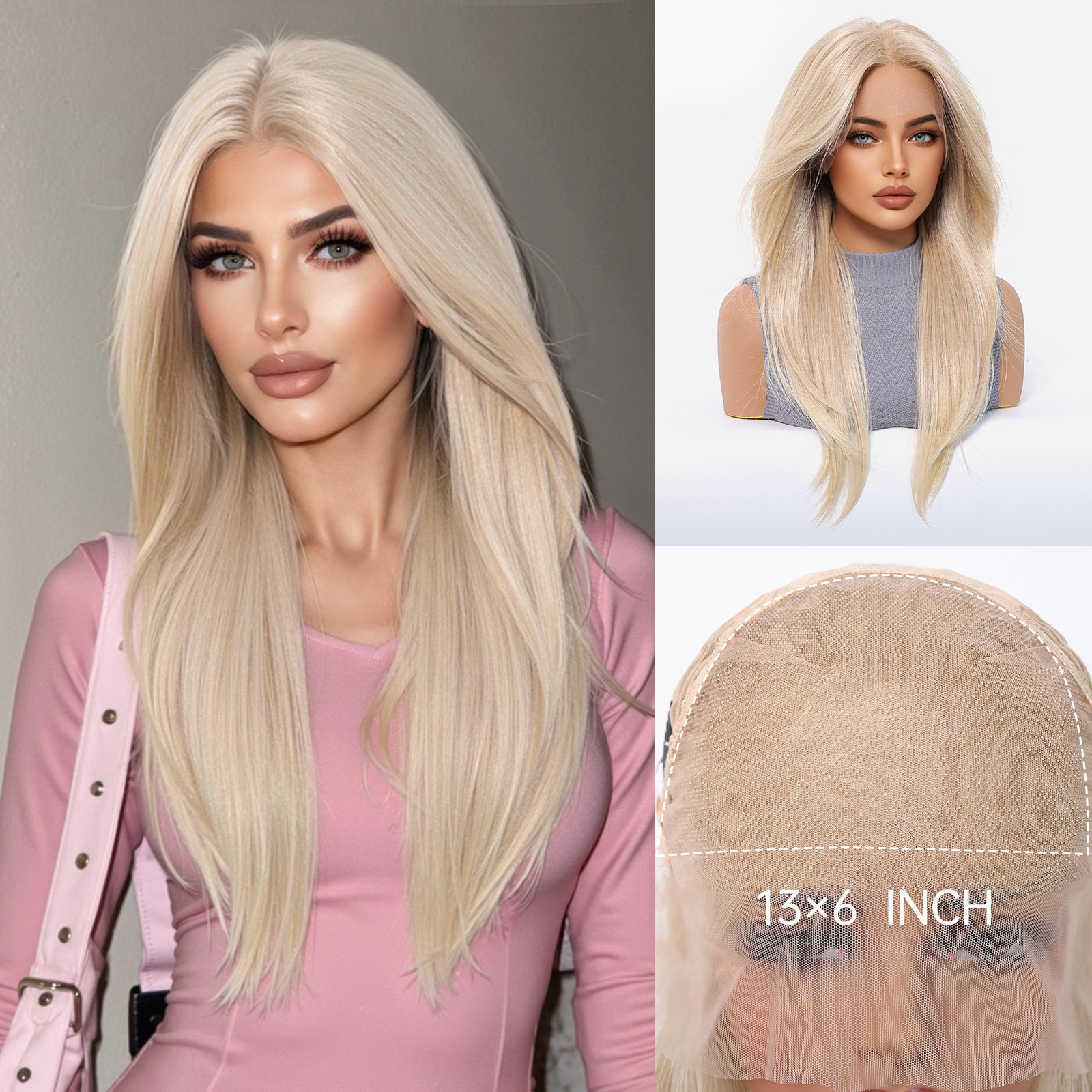 13 * 6 gran área de gradiente dorado pelucas de encaje femenina libre cosida cabello suave suave fibra química pelucas de encaje image 13