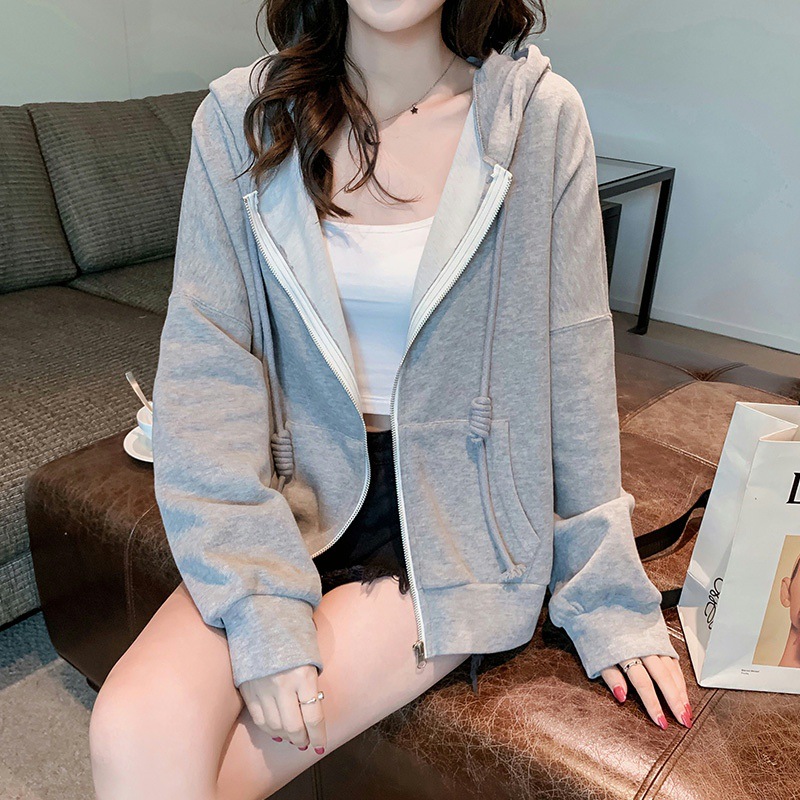 欧美跨境女装外贸亚马逊上衣拉链薄款外套2021秋季宽松连帽卫衣女