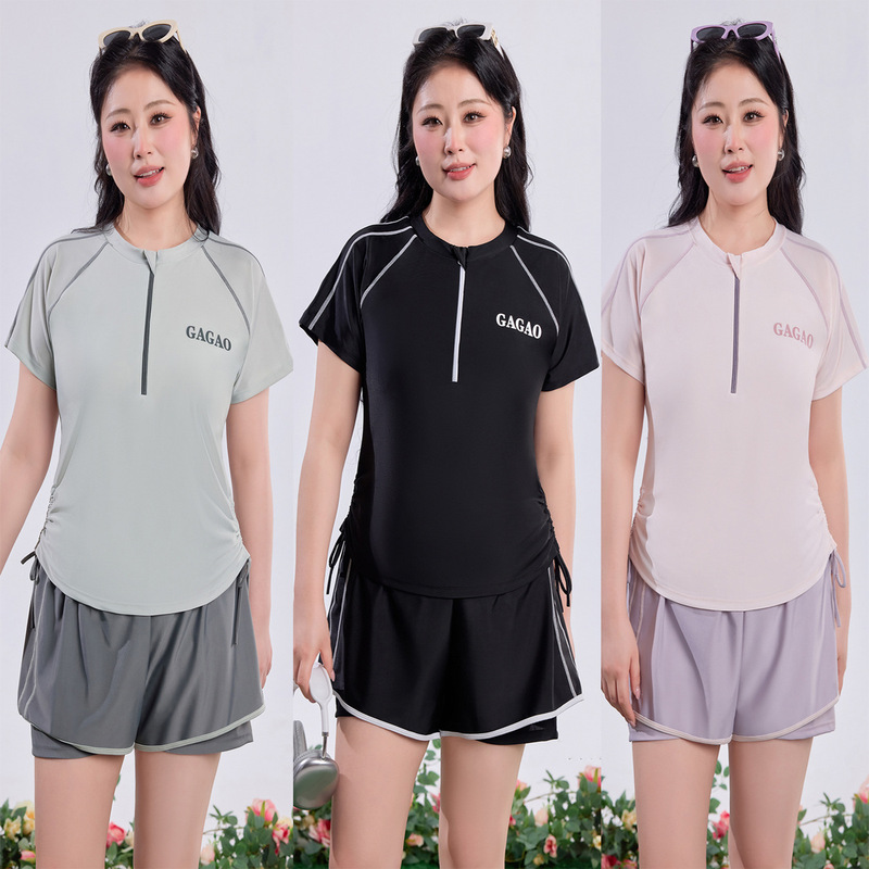 2026 Women's Plus-Size Two-Piece Short-Sleeve Zippered Conservative Tummy-Concealing Slimming Sporty Style Hot Spring Swimming Pool Swimsuit