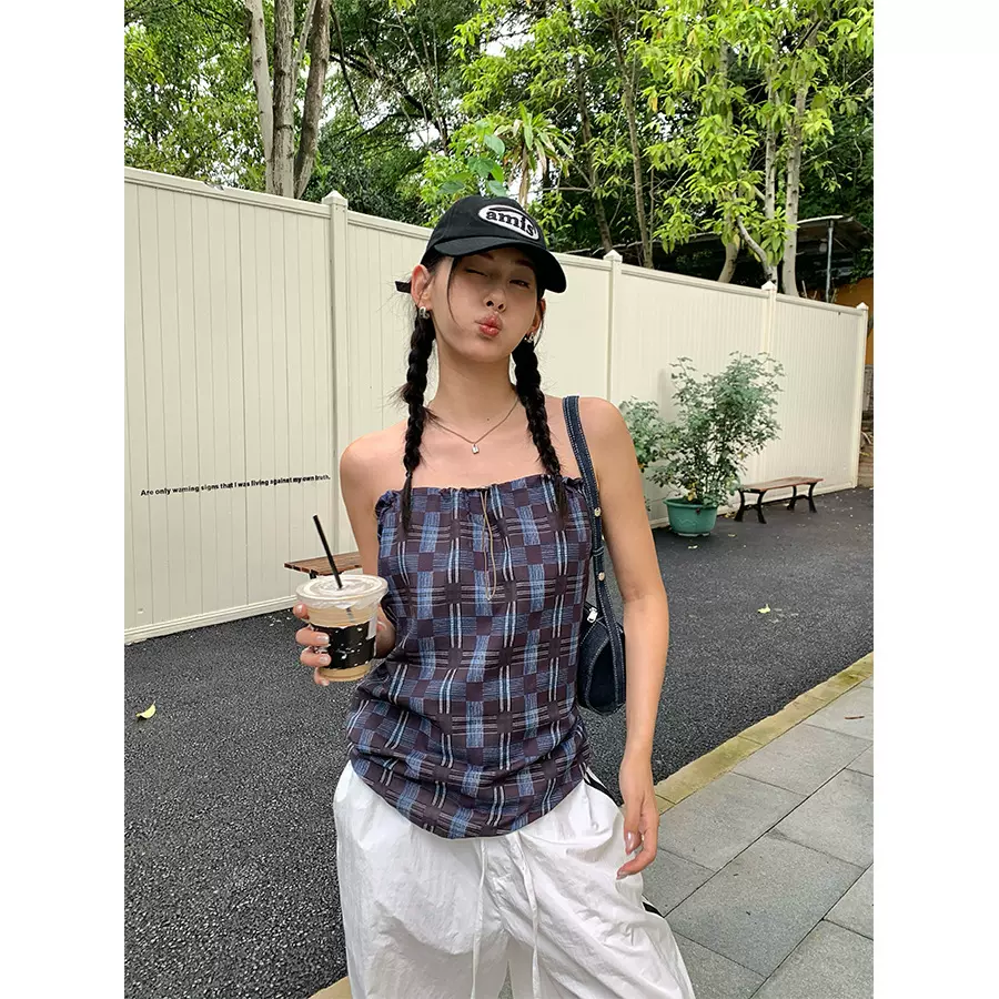 韩系2026新款格纹直筒半裙可多样穿搭抹胸抽绳上衣女520547