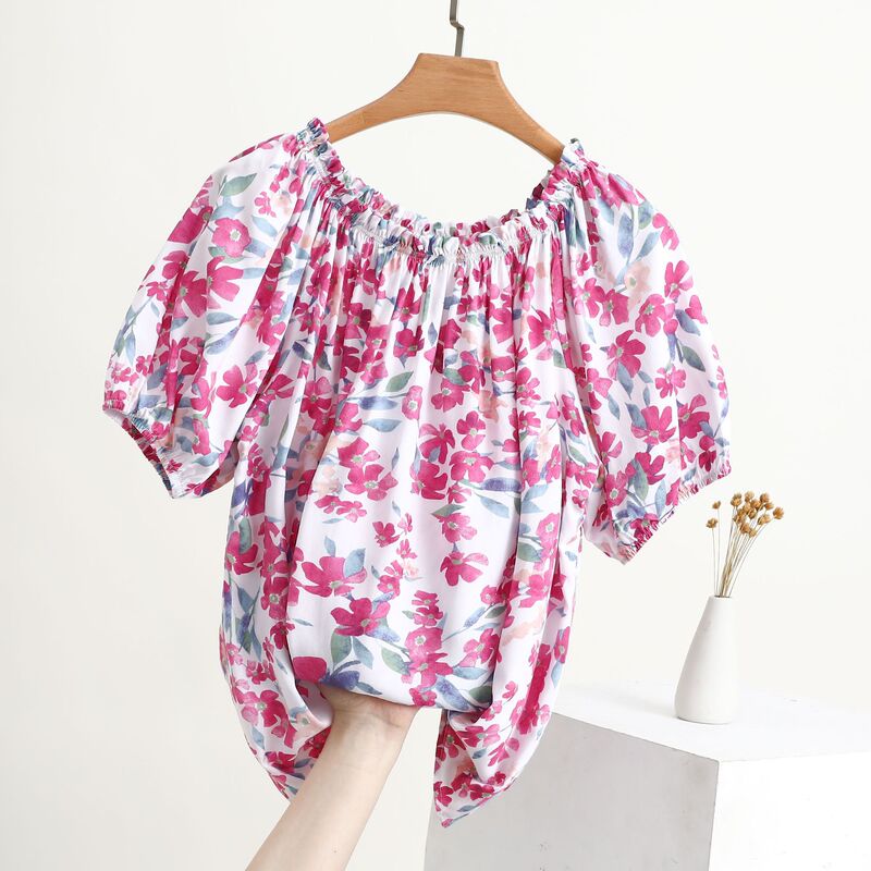 Summer Cotton Silk Off-Shoulder Puff Sleeve Youthful Doll Shirt, Loose Fit, Slimming, Tummy-Covering, Fashionable Versatile Top Summer Cotton Silk Off-Shoulder Puff Sleeve Youthful Doll Shirt, Loose Fit, Slimming, Tummy-Covering, Fashionable Versatile Top