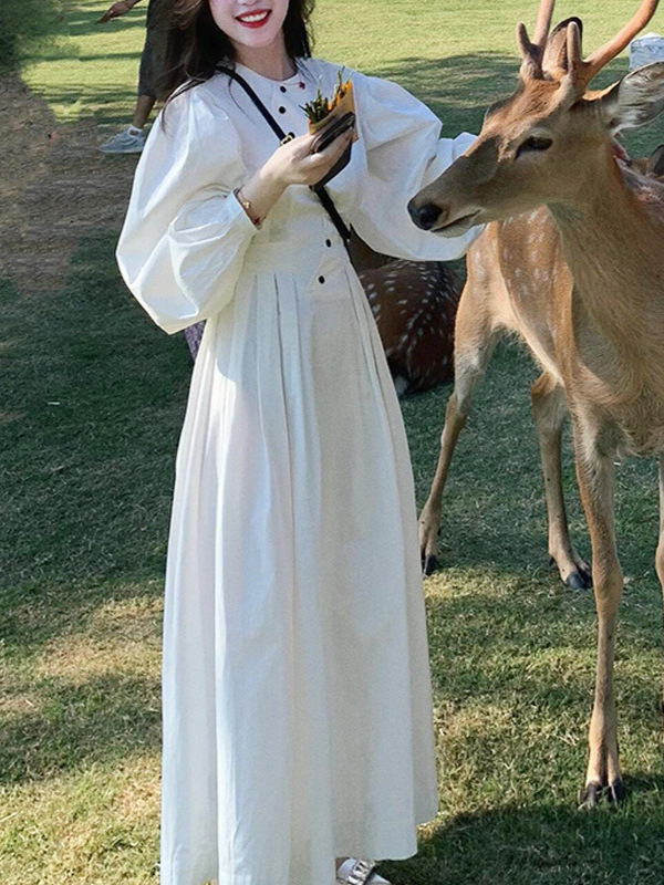 法式茶歇白色收腰长袖连衣裙女秋季 高级感气质显瘦长裙子 25新款|undefined