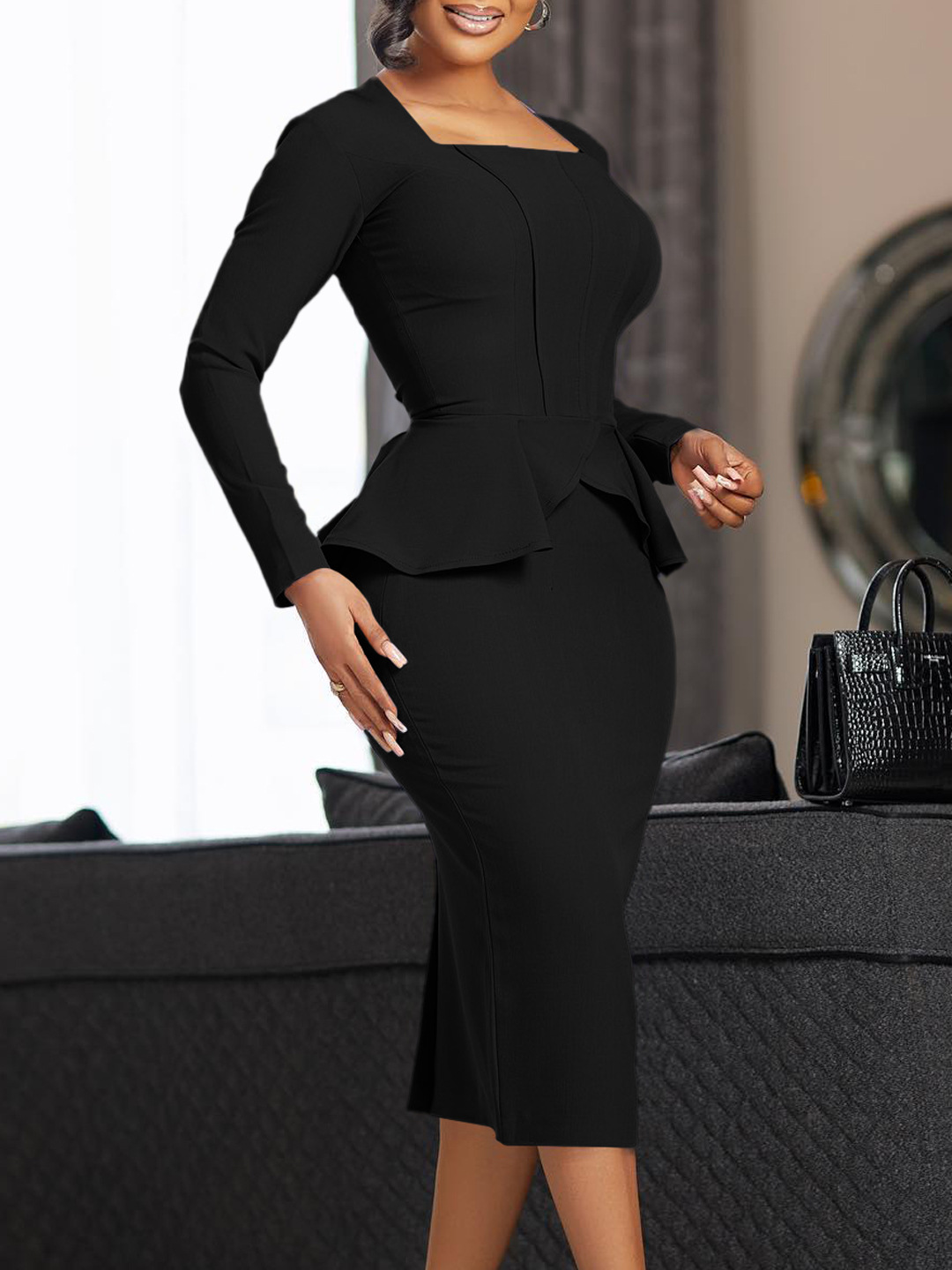 D444 Independent Station Export Plus Size Women's Autumn and Winter New Long-Sleeved Ol Elegant Elegant Ruffled African Dress