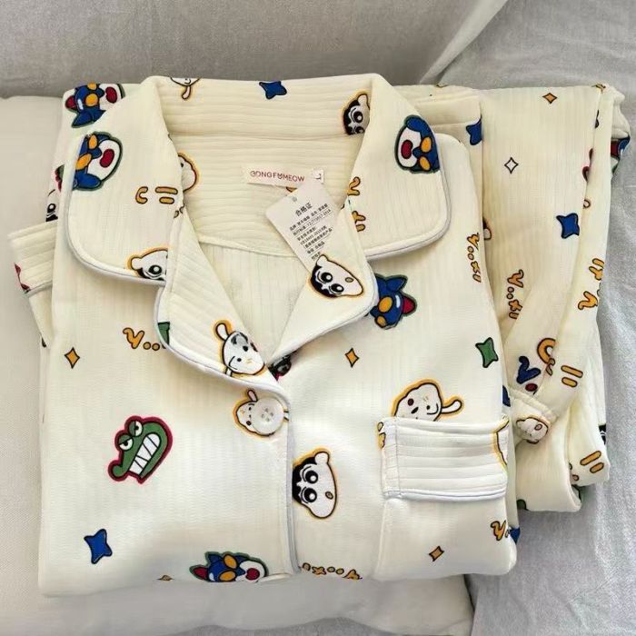 Pijamas de algodón de aire para mujeres otoño y invierno dulce engrosado calentamiento ropa doméstica dibujos animados estudiantes coreanos de manga larga estilo de niña