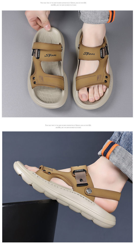 Dép sandal nam da thật đế xốp nhẹ thủ công, gót 3,5 cm, thoáng khí chống trượt — màu vàng chi tiết 19