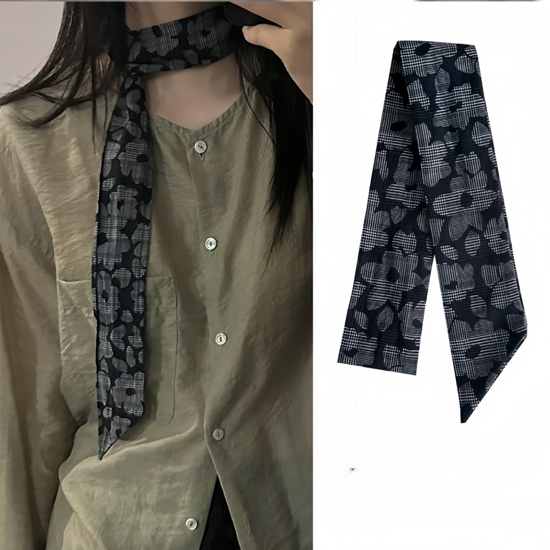 花朵丝巾~复古花朵窄版丝巾飘带领巾百搭服饰配件丝带发饰脖饰女