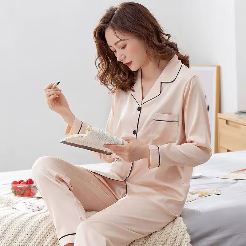 봄과 가을 잠옷 여성의 여름 아이스 실크 얇은 실크 귀여운 달콤한 플러스 사이즈 느슨한 홈 옷 투피스 세트 여름